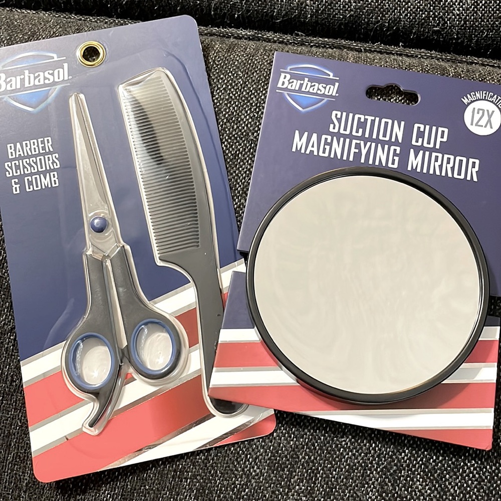 Barbasol Barber Scissors and Comb Pack and magnifying mirror